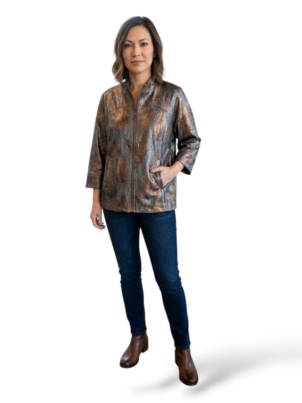 Ruby Rd metallic print front zip jacket women's 10P